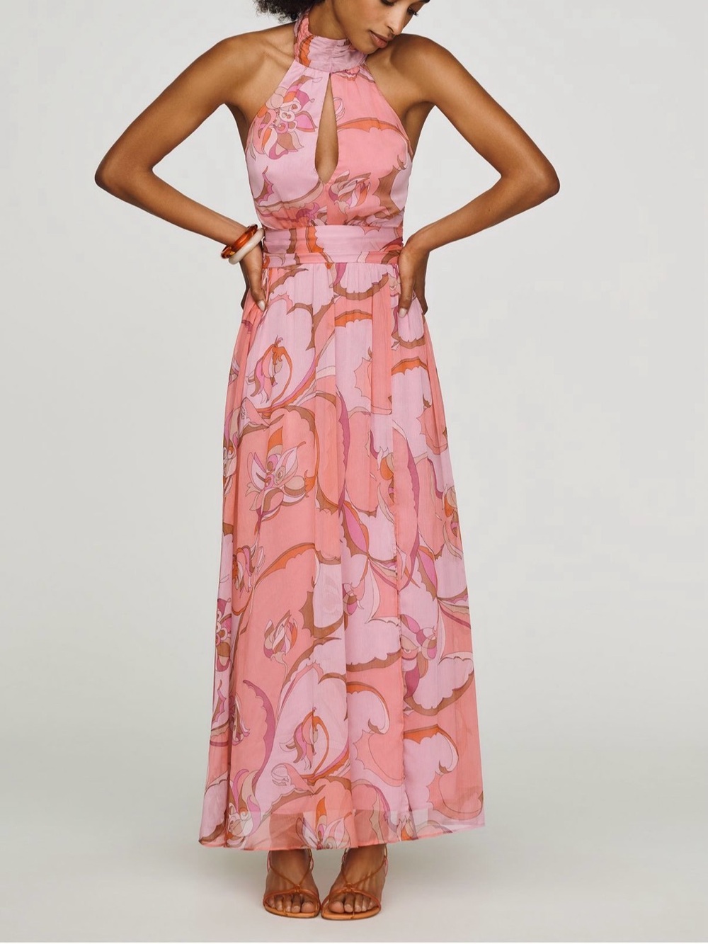 Maeve Pink and Coral Floral Halter Maxi Dress